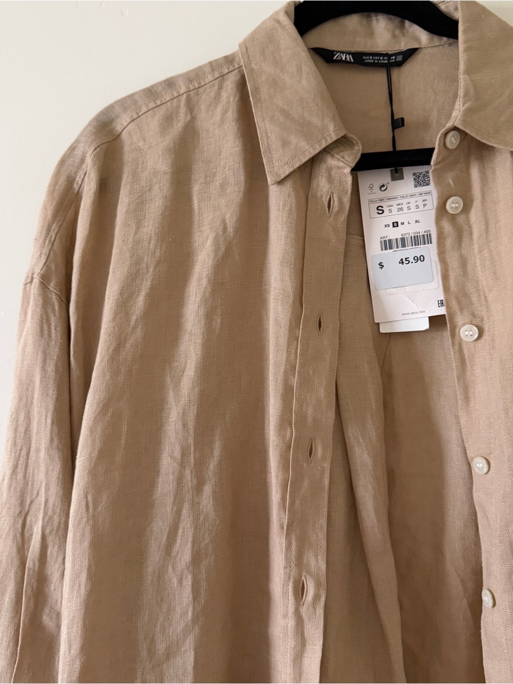 Zara Light Beige Linen Button-Front Shirt